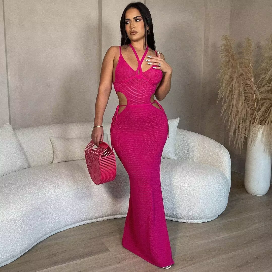 Summer Beach Hand Crochet Strap Backless Halterneck With Suspenders Mesh Split Sun Protection Dress Bella Mia